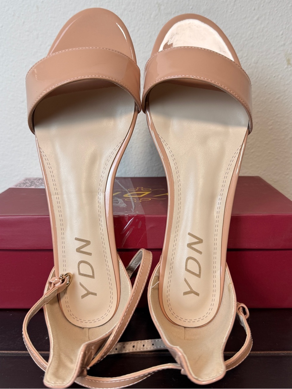 YDN Nude Patent Ankle Strap Sandals Low Block Heel Size 12 Fits Closer To 11 - Picture 3 of 5